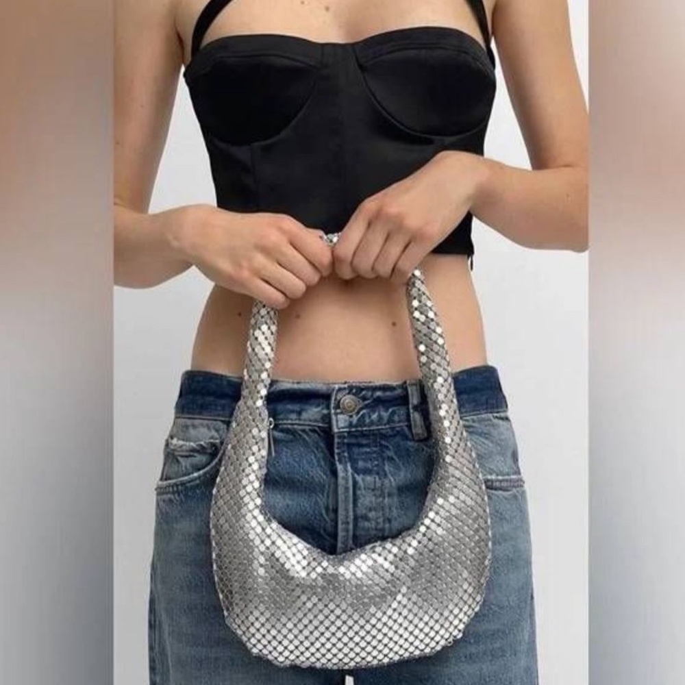 🆕NWOT ZARA SPARKLY SILVER MINI METALLIC MESH SHOULDER BAG